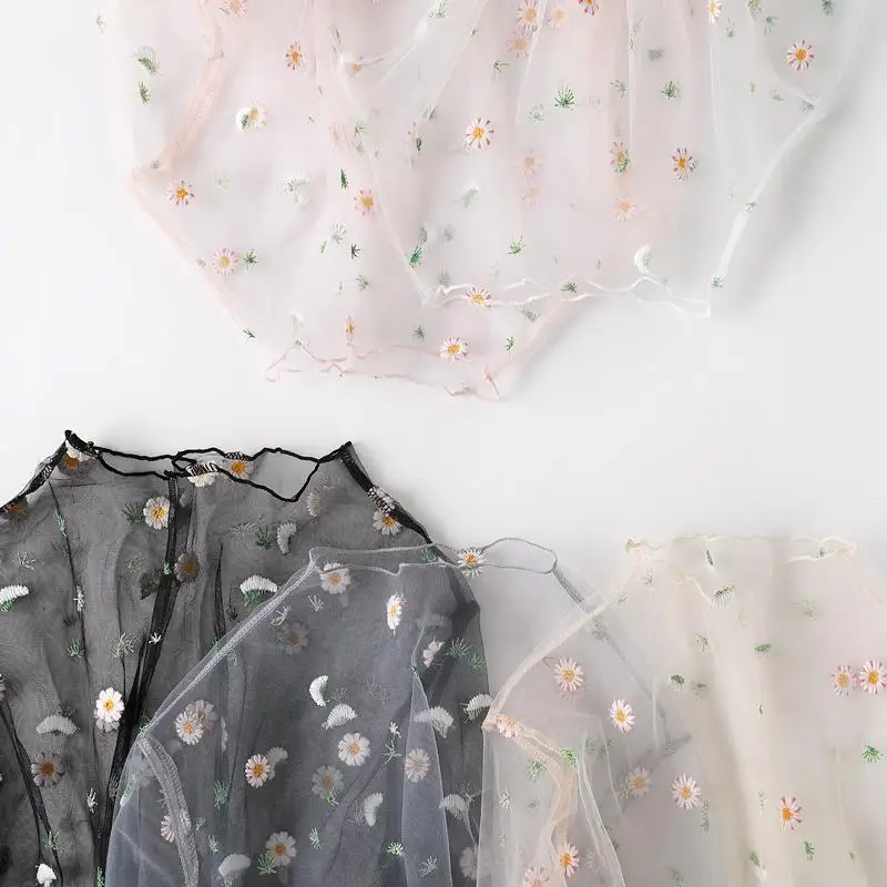 2026 New Summer Women's Long Sleeve T Shirt With Small Daisy Embroidery Mesh Sheer Protection Top Embroidery Inner Base Shirt