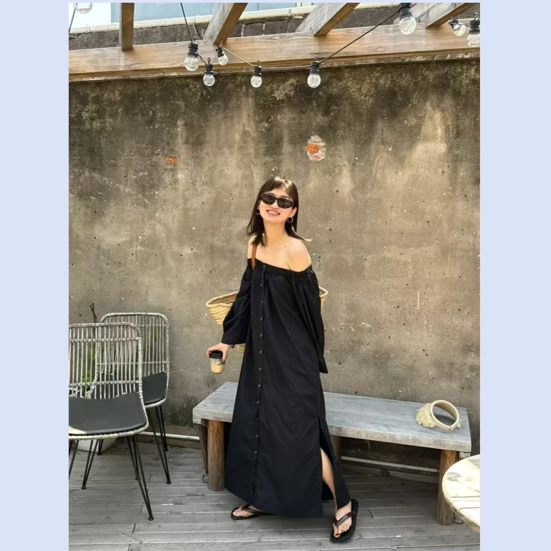 Nordic niche 25 year early spring new casual loose one shoulder single breasted slit long dress