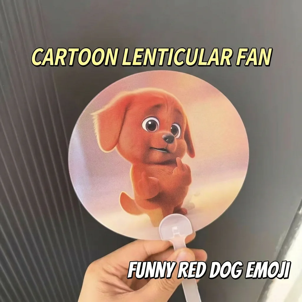 Round Portable Handheld Cooling Fan, Funny Cartoon Red Dog Lenticular Pattern Changing PVC Fan for Summer Daily Use