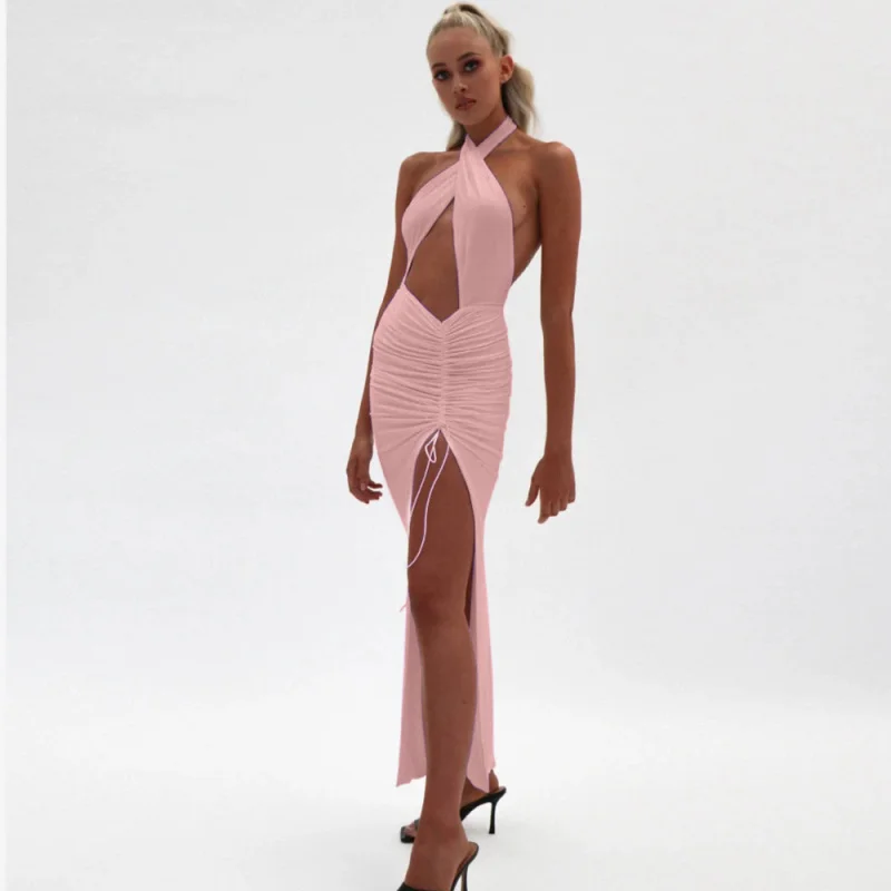 

WOMEN'S fashion New Front Halter backless solid color gown long dress