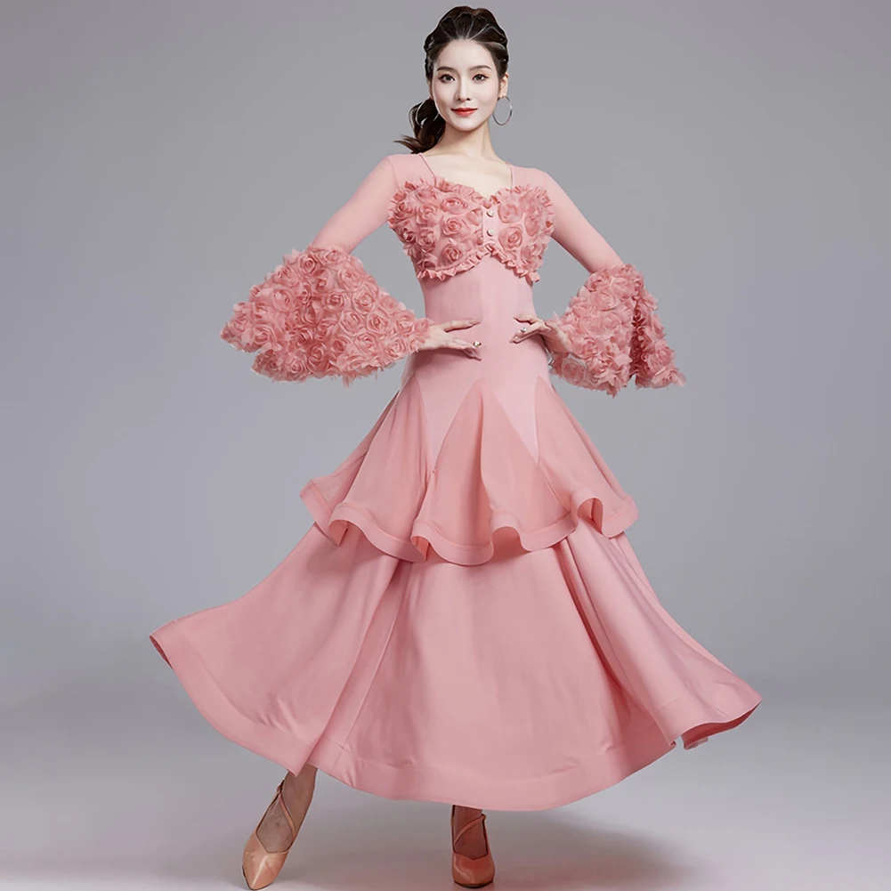 Professional Competition Dance Dress Green 2024 Waltz Dress Pink Three-dimensional Flowers Purple New National Standard Costume