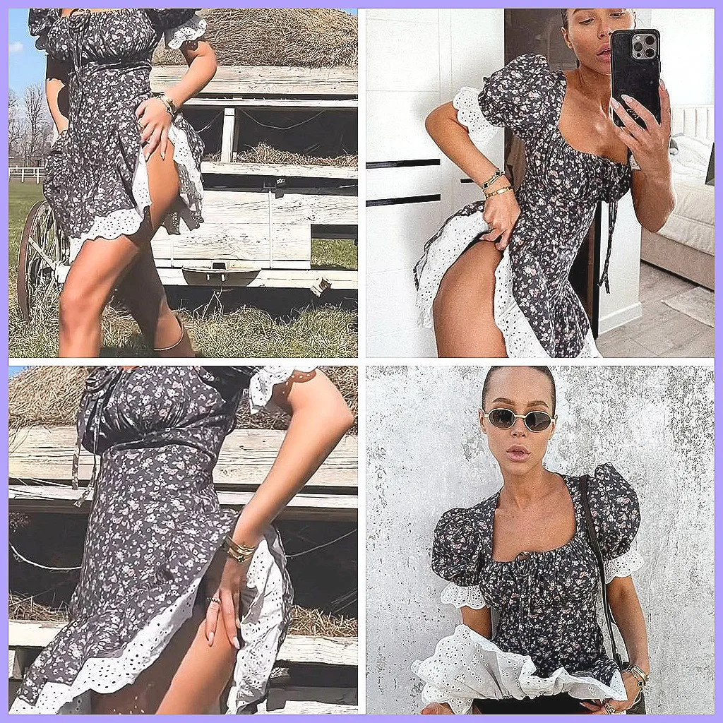 

Vintage Floral Print Square Neck Dress with Lace Trim & Bow Tie, Women's Ruffle Sleeve Street Gown (Character Count: 78)