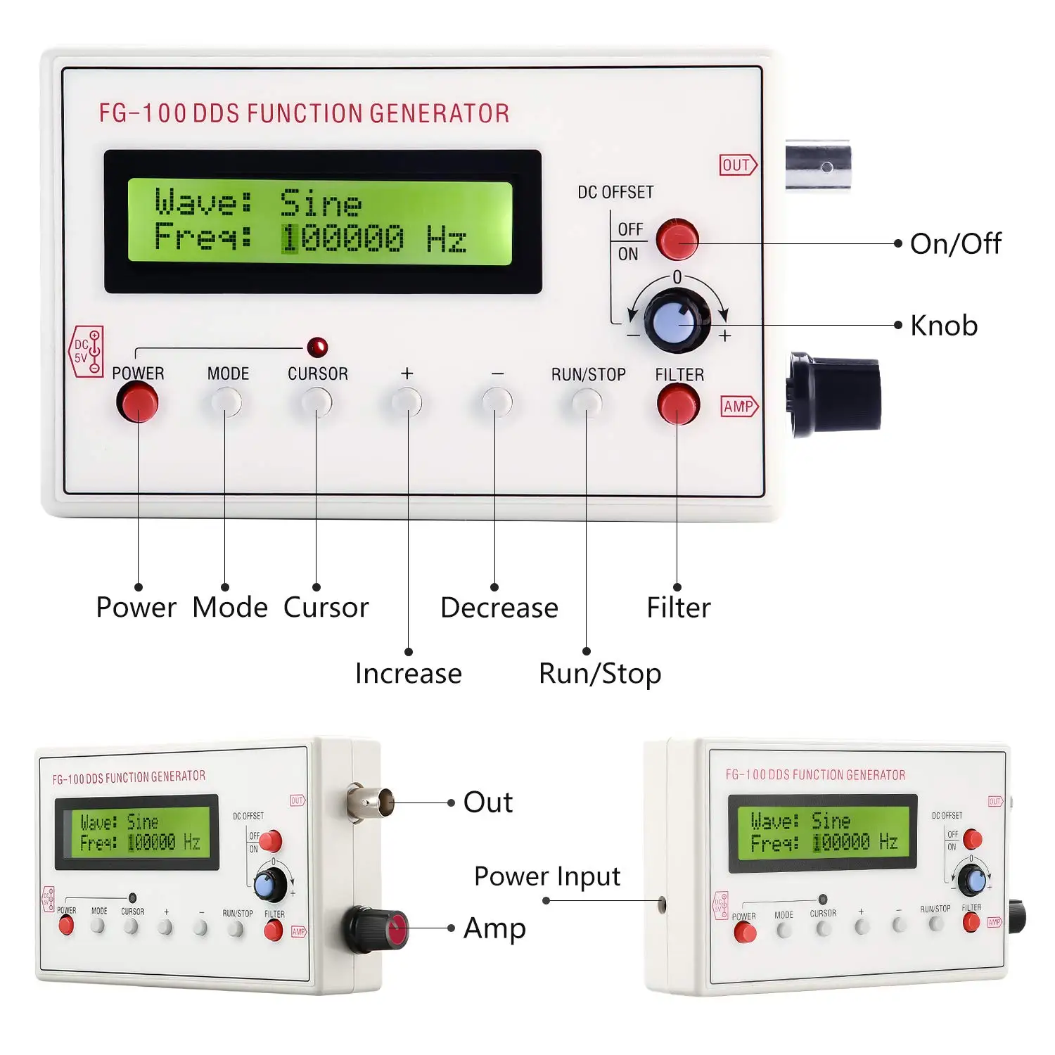 FG-100 DDS Function Signal Generator Frequency Counter 1Hz - 500KHz Signal Source Module Sine+Square+Triangle+Sawtooth Waveform