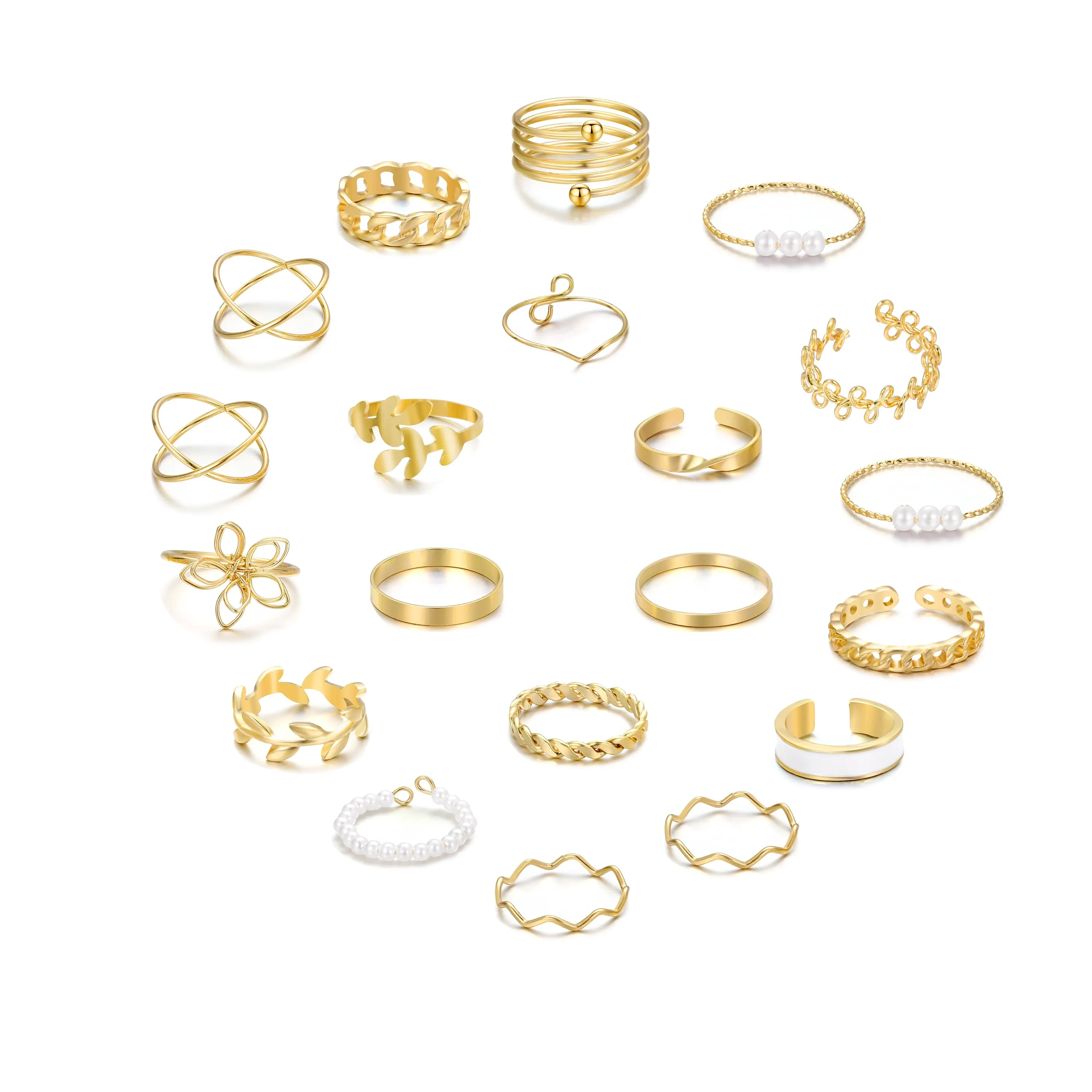 21 Sets Of Ladies Ewelry European And American New Creative Simple Temperament Flowers Spiral Pearl Ring Gold image 6