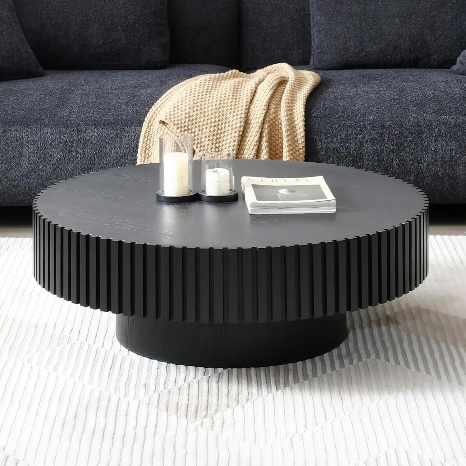 31.49" Black Round Coffee Table, Farmhouse Wood Coffee Table for Living Room,Circle Drum with Handcrafted