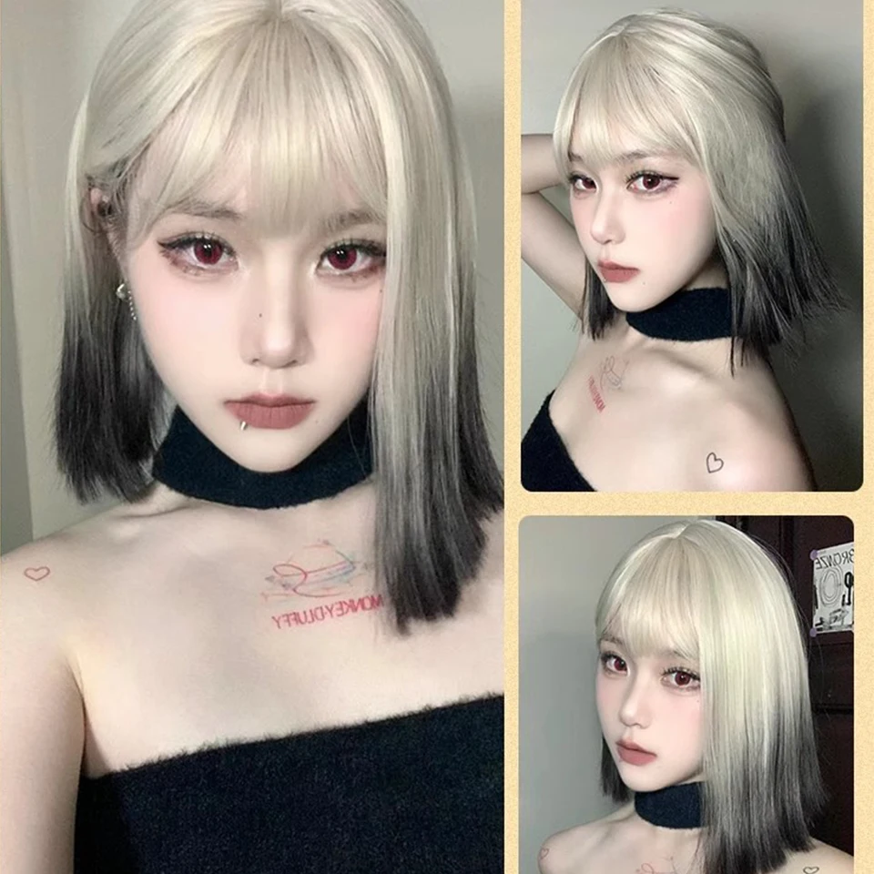 Synthetic Short Bob Wig White Gold Gradient Short Straight Wave Head Lolita Full Head Daily Party Halloween Wigs Use