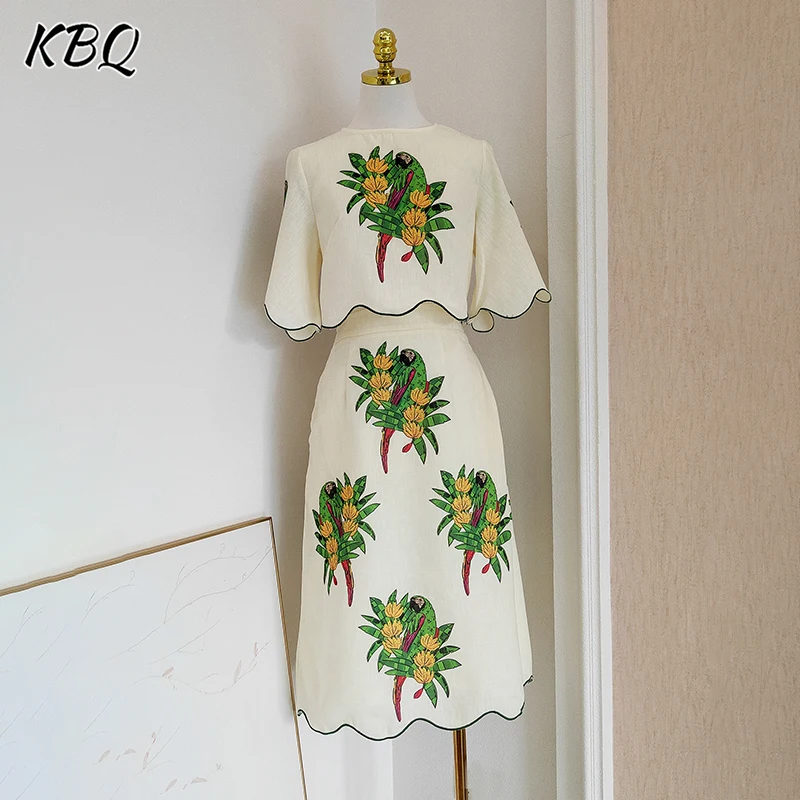 

KBQ Floral Printing Two Piece Sets for Women Round Neck Short Sleeve Short Tops High Waist Long Skirt Chic Set Female Fashion