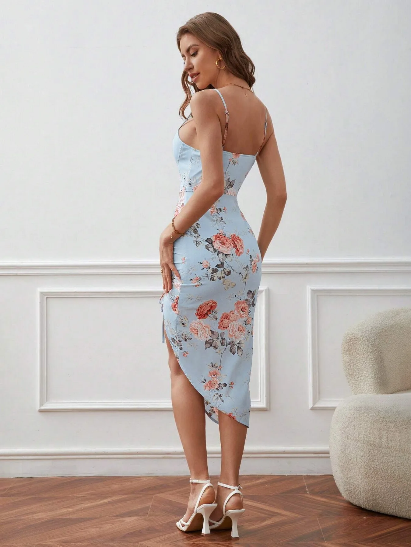 ZAFUL Women Printed floral side slit drawstring slip dress sexy Resort Wear elegant party traffic 2024 new Vegas Party Dress