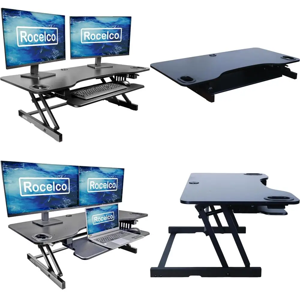 Height Adjustable Desk Converter with Slide-Out Keyboard Tray for Triple Monitor Setup and Standing Desk Use