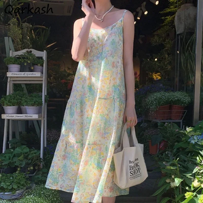 

Midi Sleeveless Dress for Women Spaghetti Strap Floral Design Daily Casual Sweet Girlish Korean Style Fashion Loose Tender Basic