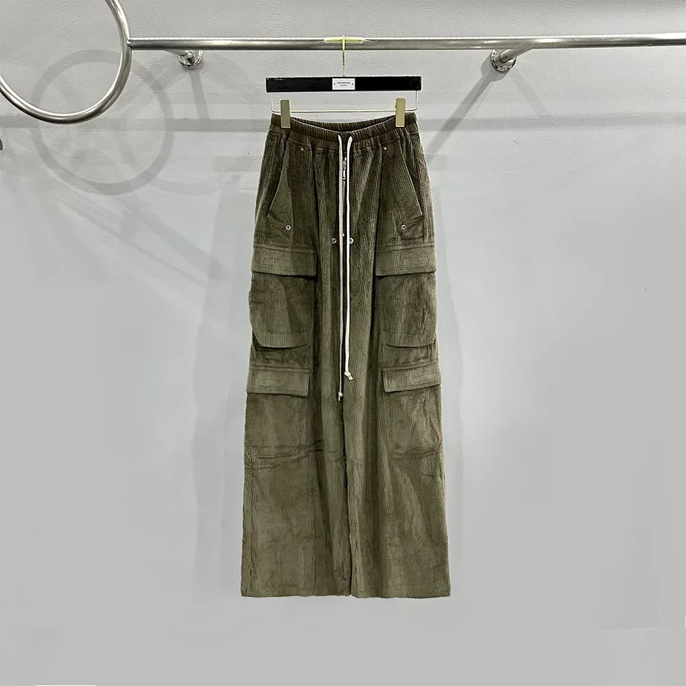 24ss Spring Rick Pants for Men High Street Women Wide-legged Full Length Pants 1:1 Hot Sale Ro Owens Corduroy Cargo Pants