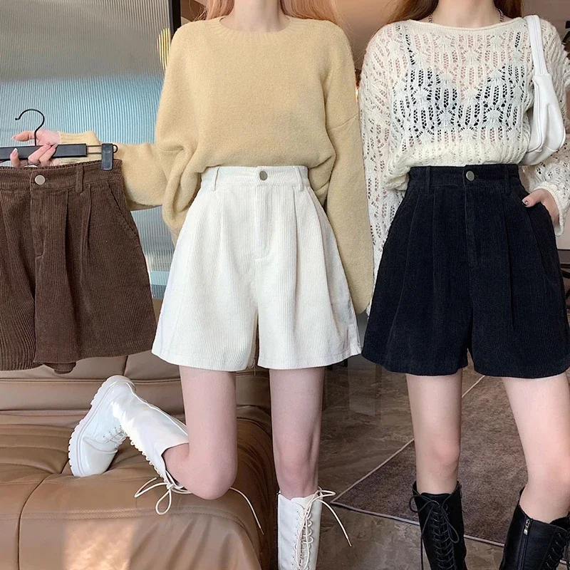 2024 spring corduroy shorts female college style high waist wide-leg pants female retro padded casual shorts female