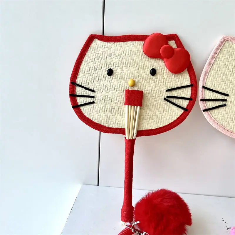 アニメかわいいハローキティわら織りヤシファン小麦わら手作りファンハローキティガールかわいい夏ファン漫画かわいいアクセサリー