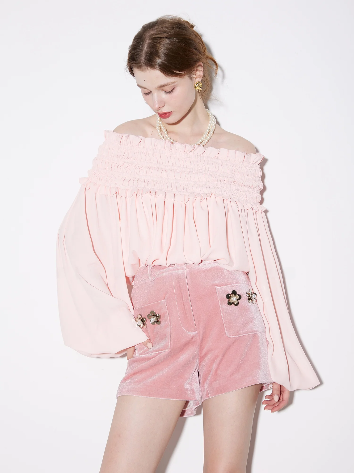 

Finocci 2025 Spring Romanticism Quali Linen Feel Chiffon One oulder irt Women's Top Sweet Sle Loose Fit Long Sve