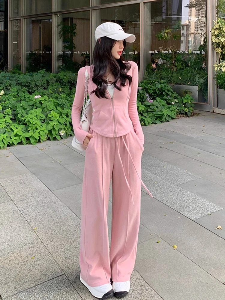 

Повседневный комплект спортивной одежды, женский облегающий длинный топ све и свободные широкие брюки, костюм из двух предметов, моющийся весенне-осенний Ense...