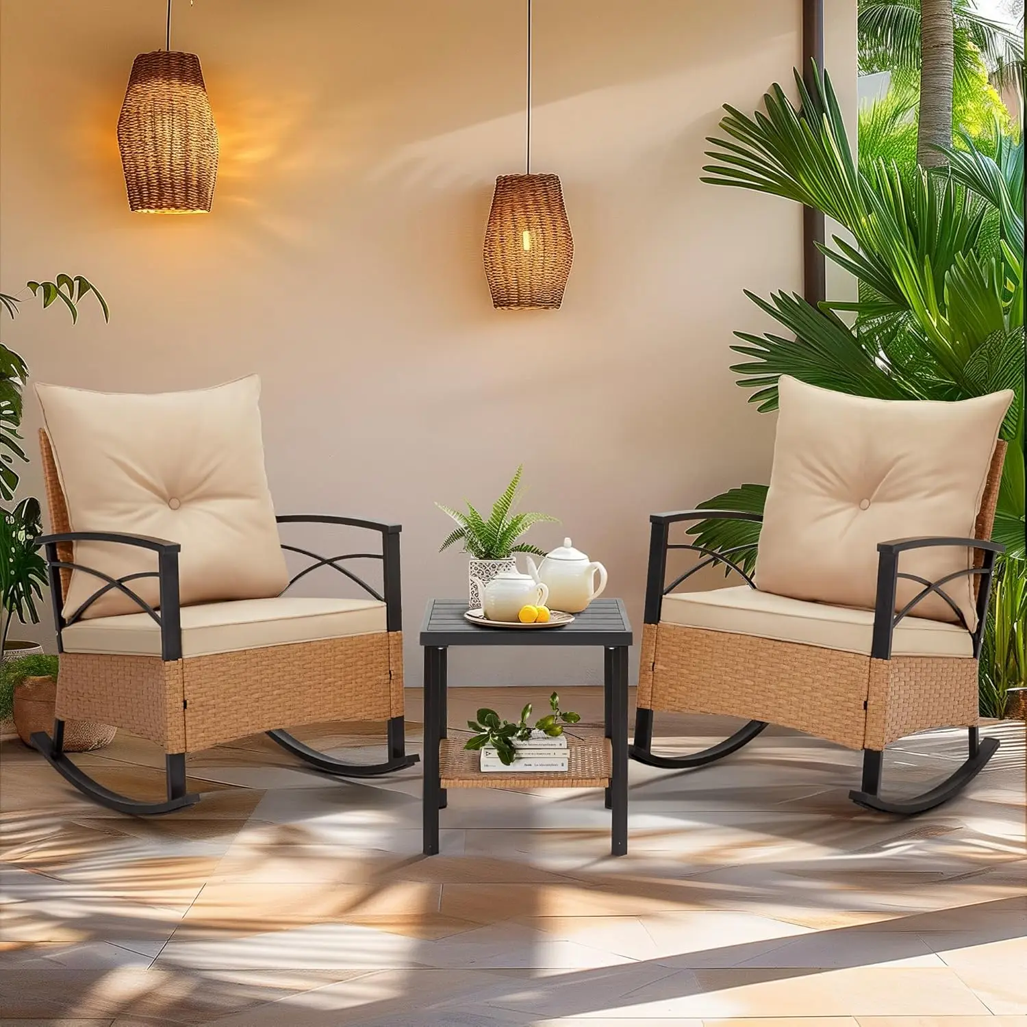 

3-Piece Patio Furniture Set, Outdoor Rocking Chair with Thick Cushions and 2-Tier Coffee Table, Wicker Rocker Bistro Set for