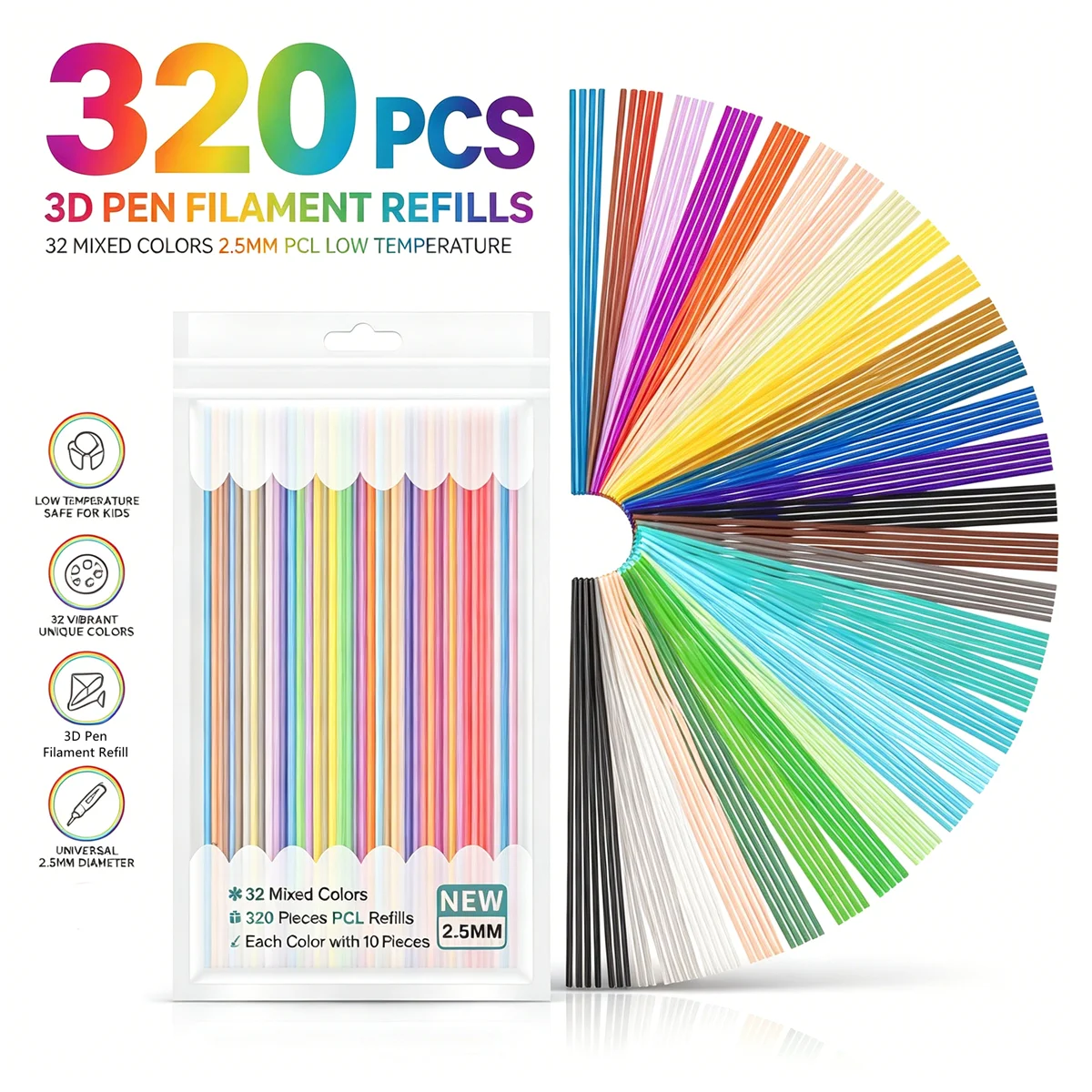 320/160PCS 32 Colors 3D Pen Filament Refills Compatible with 3Doodler Start+ 2.5mm 3D Printer Doodler Pen Refill Packs for Kids