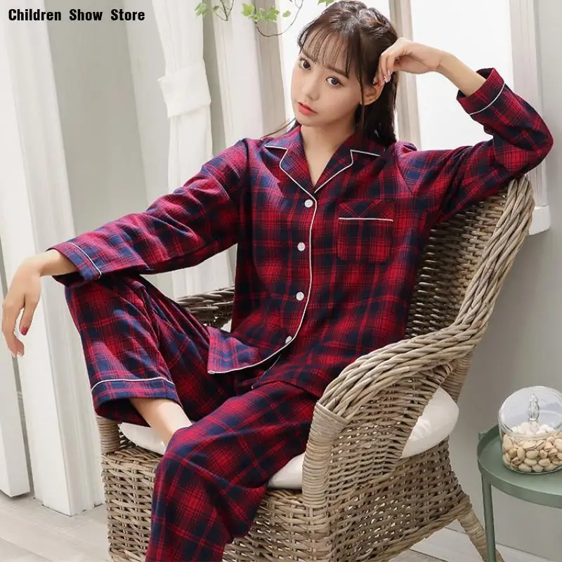 100% Cotton Long Sleeve Women's Pajama Set 2Pcs Cardigan Sleep Set Autumn Outwear Homewear Plaid Pajamas Button Down Sleepwear