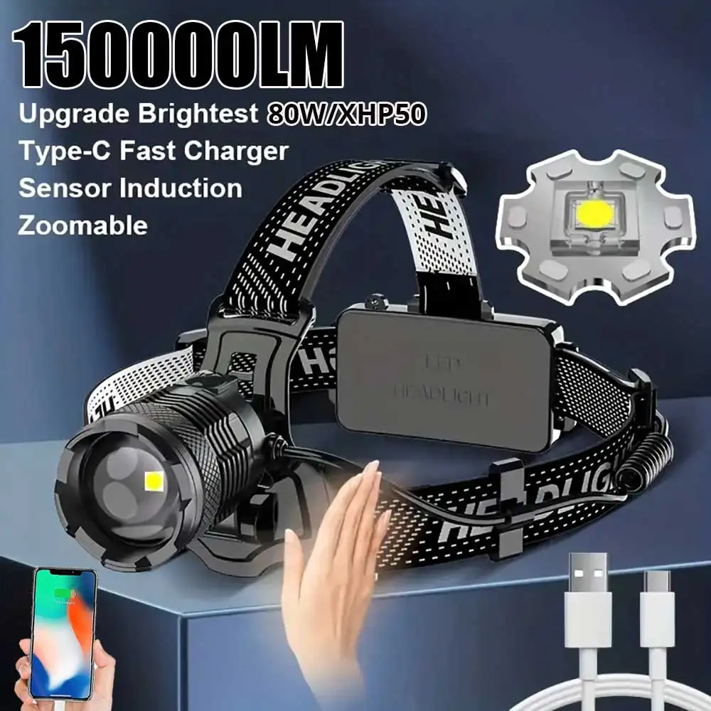 2024 900w High Power Fishing Headlamp Rechargeable Light Headlight 99000000000lm Camping Hiking Led Flashlights As A Power Bank