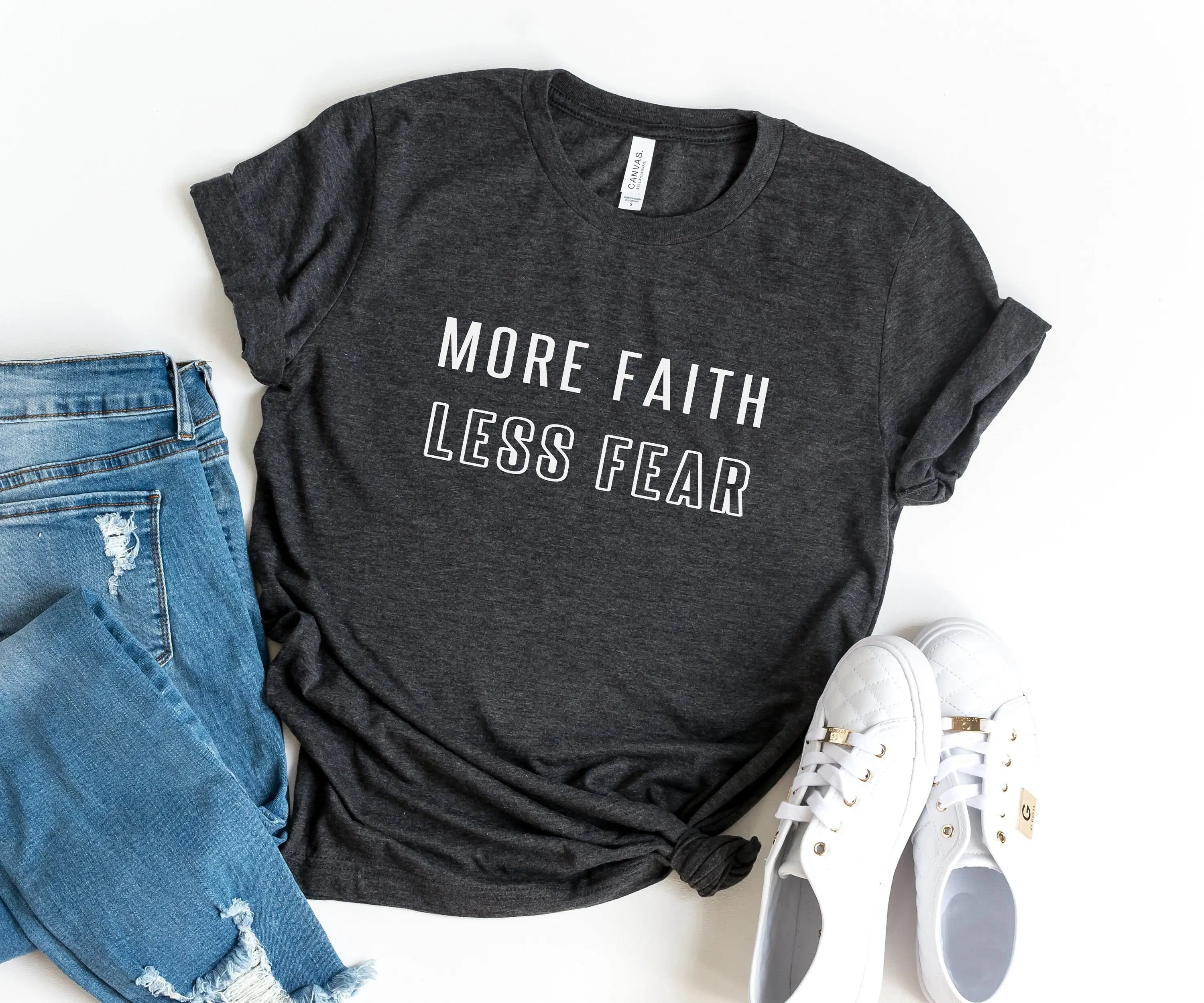 More Faith Less Fear Funny Shirts For Women T Shirt With Saying Graphic Tees Womens Tops Christain Inspirational Gift Friend