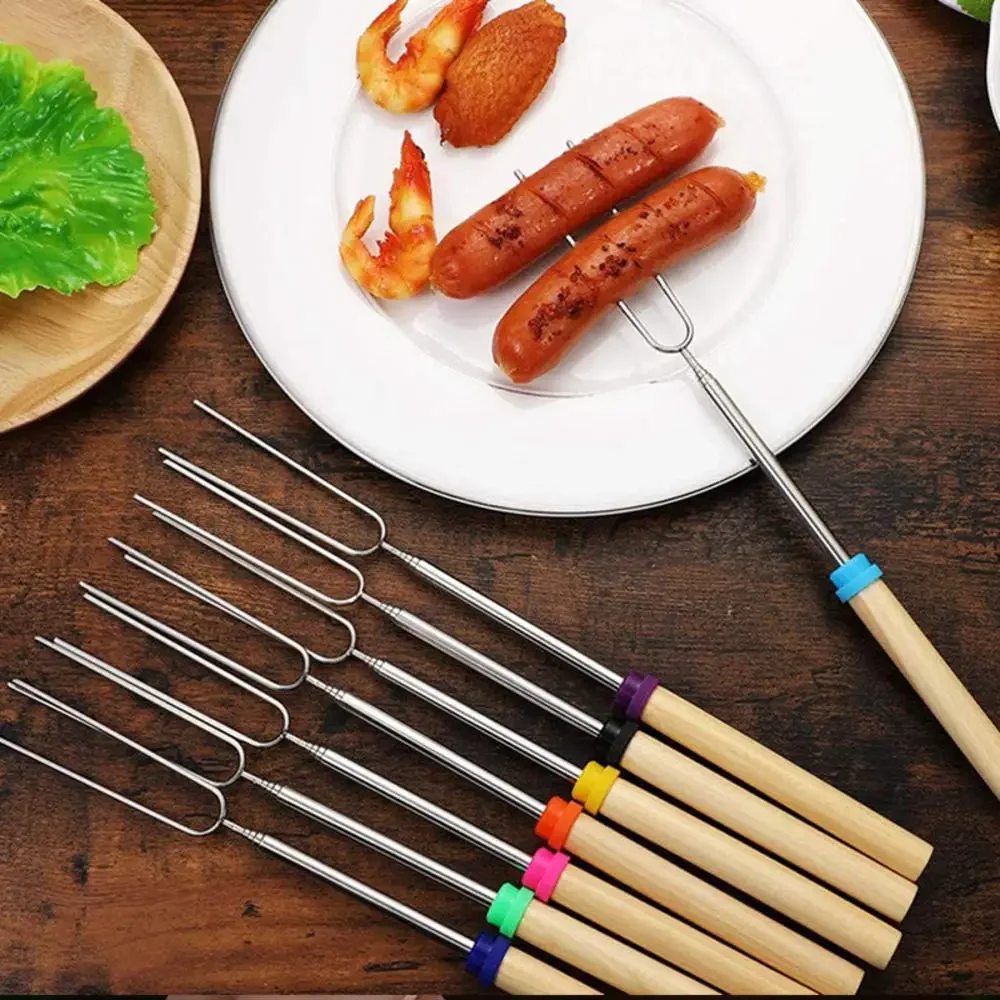 8Pcs/Set Marshmallow Roasting Sticks with Wooden Handle Extendable Forks Smores Skewers for Campfire Firepit and Sausage BBQ