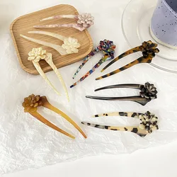 Ins Hot Sale U Shaped Hair Pin Tortoiseshell Hair Sticks Retro Rose Flower Acetate Hairpin For Delicate Girls