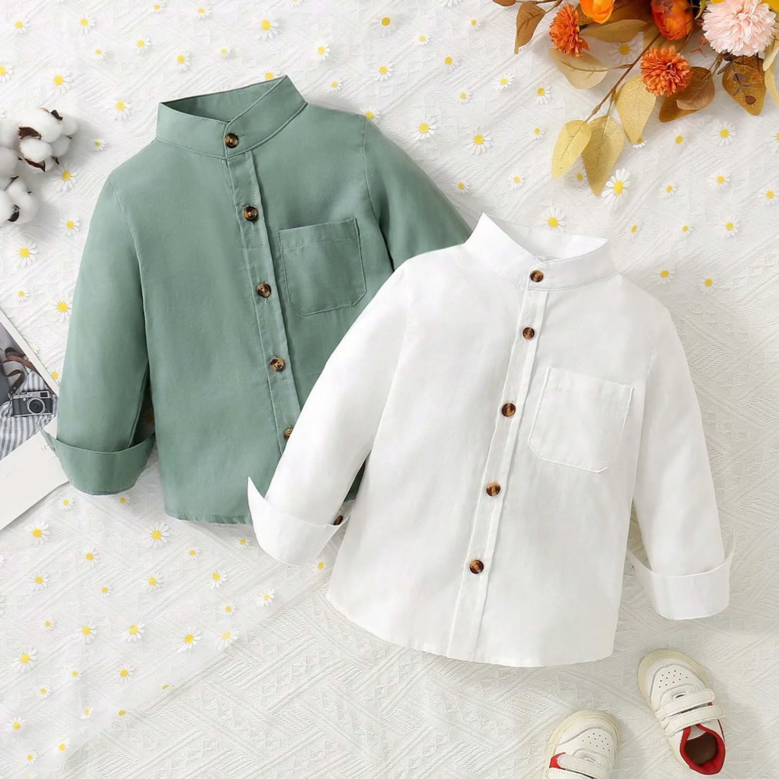 

Spring Autumn Boys Shirts Stand Collar Long Sleeve Pocket Childrens Gentlemans Solid Color Shirts Kids Casual Outerwear Tops