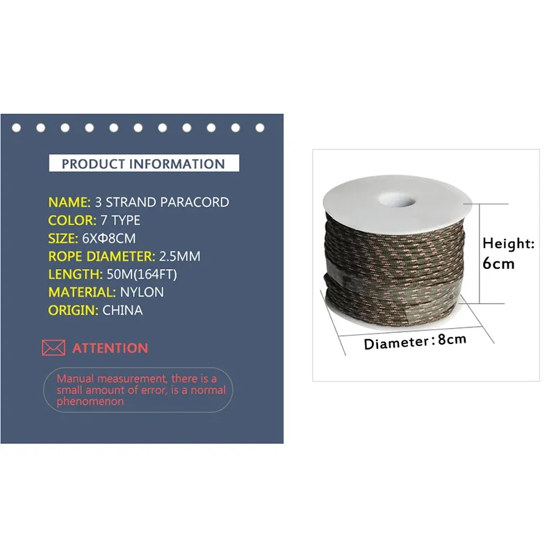 YOUGLE 2mm  3 Strand  High quality Paracord Parachute Cord Outdoor Camping  tent Rope Fishing line Wholesale 164FT 50meters