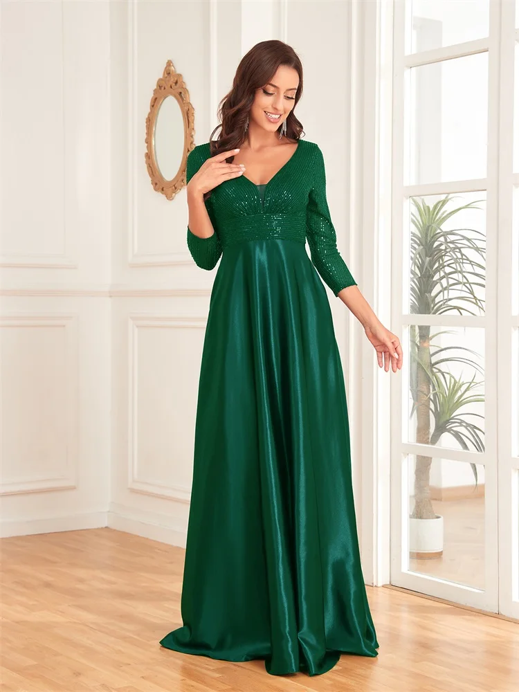 Lucyinlove-Vestido de luxo com decote em v verde lantejoulas feminino, festa de casamento elegante, vestido longo de baile, 2022