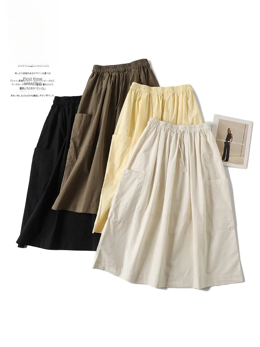 

Simple A-Line Skirt Women's High Waist Elastic Waist Vintage Cotton Polyester Spring Summer New Arrival Skirt