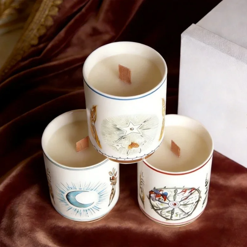 Nordic Illustration Style Scented Candle Hand-Painted Retro Moon Star Ceramic Candlestick High-Quality Gift