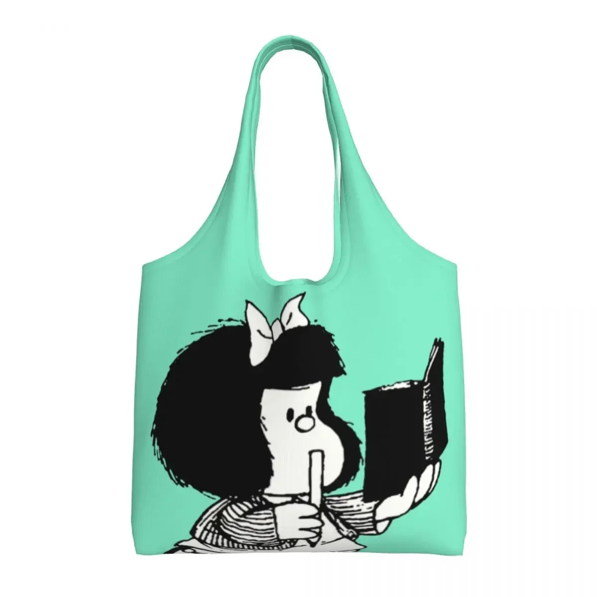 Custom Print Mafalda Reading Her Book Shopping Tote Bag Portable Canvas Shoulder Shopper Kawaii Cartoon Manga  Bags Handbag