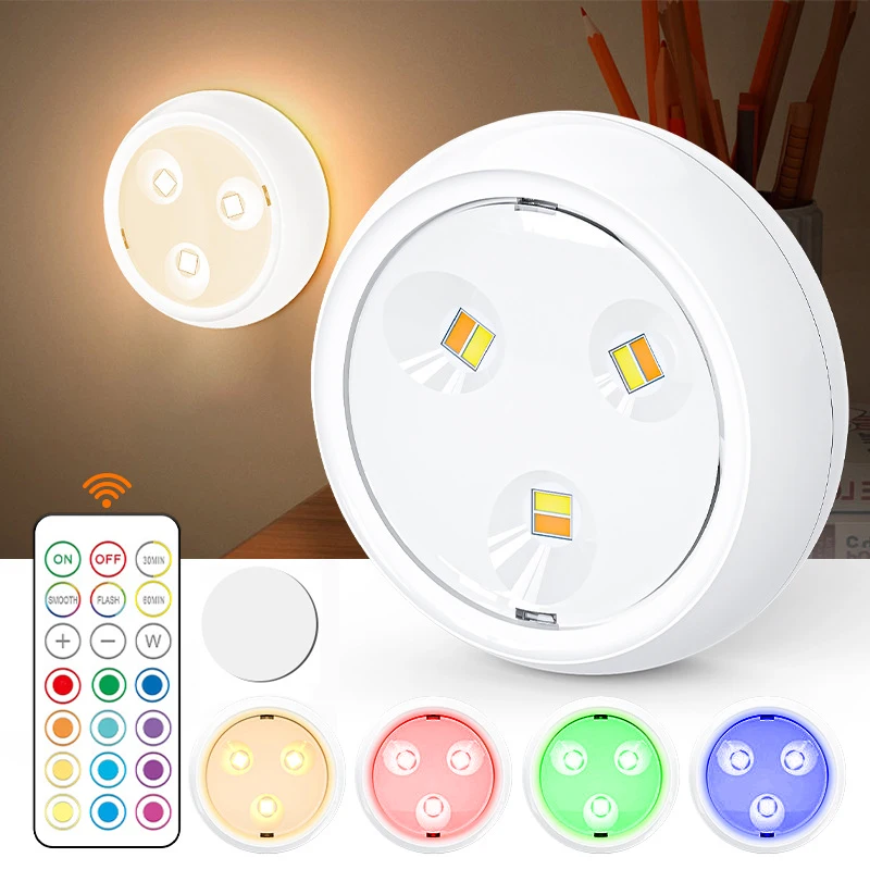 6pcs Multi-Color RGB LED Night Lights With Remote & Touch Control Battery-Powered For Closet Bedroom Cabinet Hallway Lighting