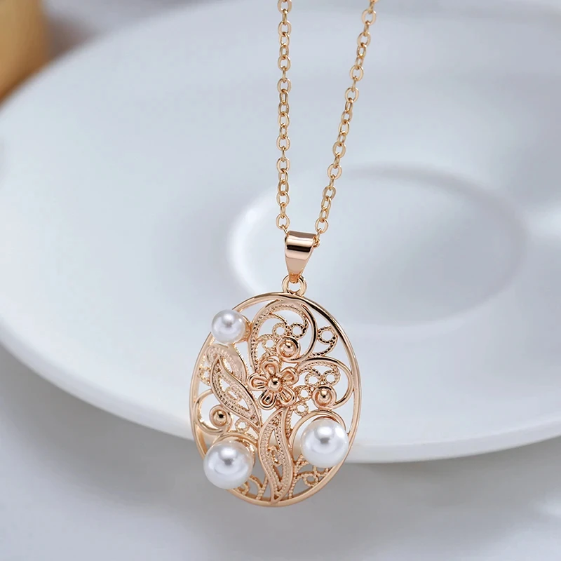 Kienl Hot 585 Rose Gold Color Pearl Pendant Necklace for Women Trend Vintage Glossy Metal Flower Accessories Daily Fine Jewelry