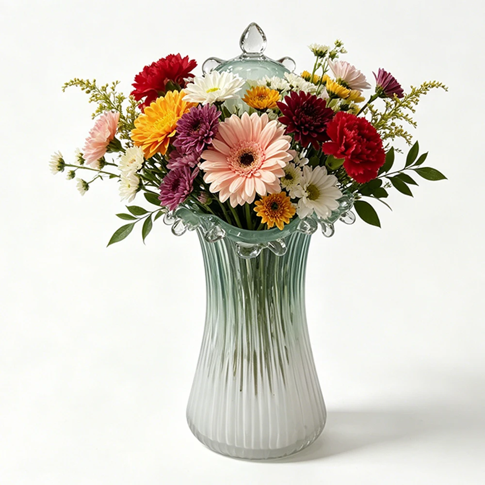 Handcrafted tall corrugated glass vase, elegant decorative vase, suitable for home, office and interior decoration
