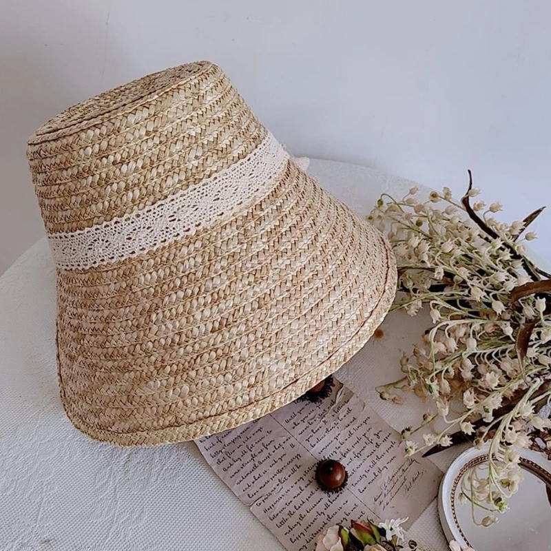 LolitaStyle Straw Hat for Women Girls French Party Hat Lace Patchwork Bonnet Handwoven Sun Hat Summer Headgear