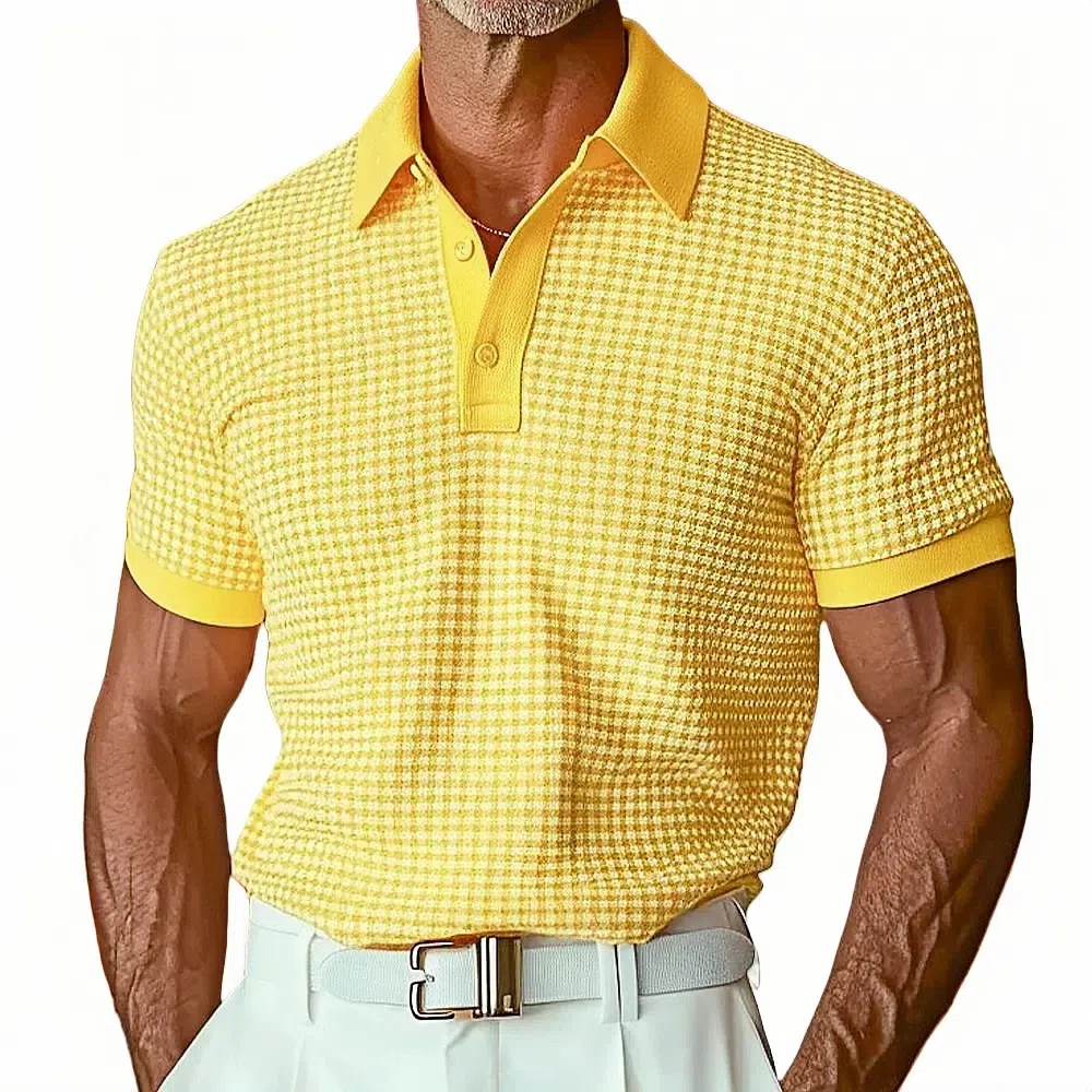 

Solid Color Men's Waffle Polo Shirts - Soft, Comfortable, Casual Style for Vacations, Short Sleeve, Ribbed Collar Button - Ups