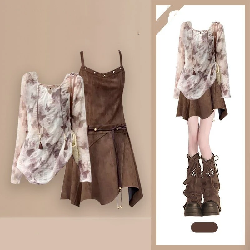 

Women's Spring Autumn Fashion Butterfly T-Shirts Sling Dress Two Piece Set 2025 New Lady Long Sleeve Tops Camisole Dresses Suits