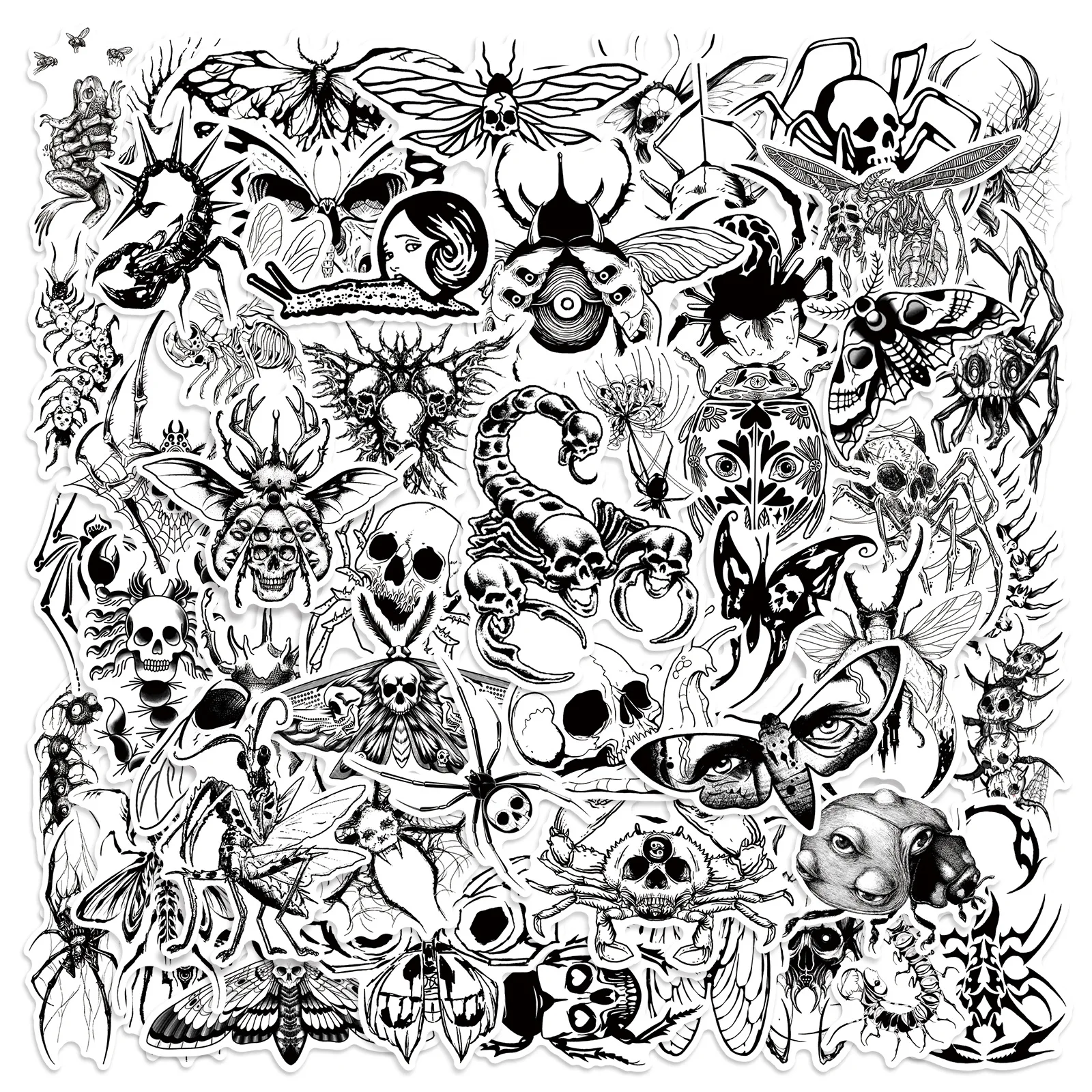 50 Stück Gothic Totenkopf-Insekten-Aufkleber Horror Gothic Sticker für Handy Laptop Koffer Notizbuch Skateboard Wasserdichte Aufkleber