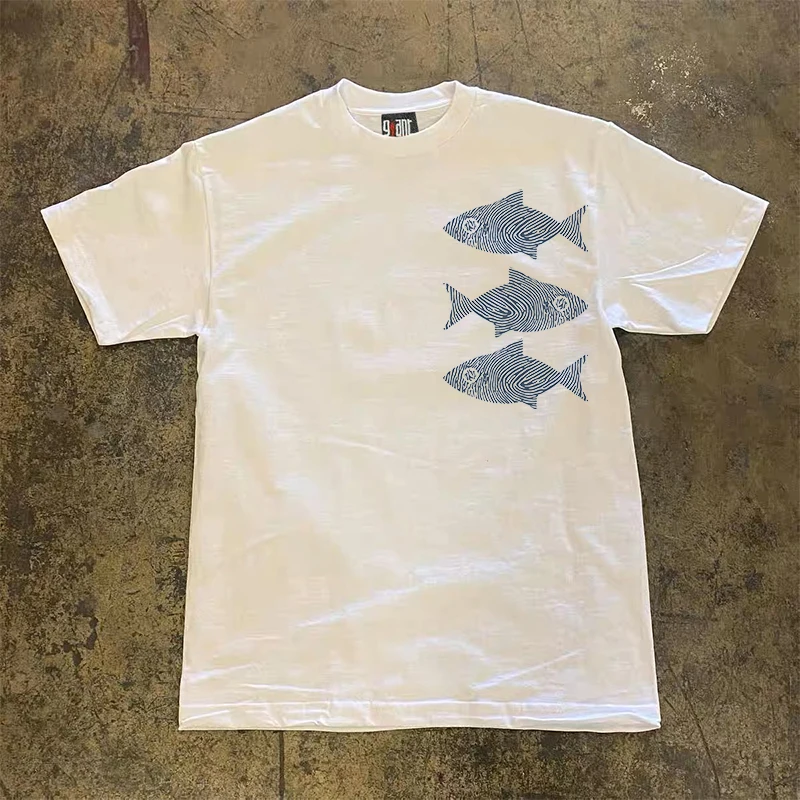 Pure Cotton 260g Fingerprint Fish Short Sleeve T-Shirt Versatile Spring Summer Fashion Brand XiaoChen Story Multi-Design 2025