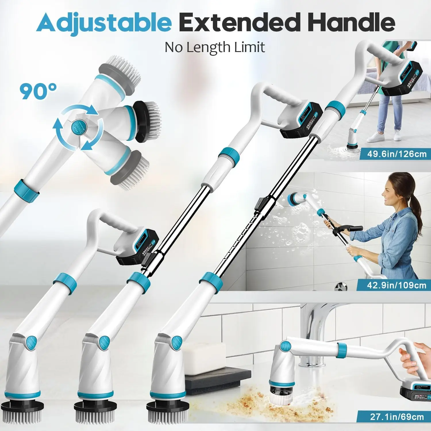 Электрический скруббер 1500 об/мин, электрический скруббер с 8 насадками для чистки, скруббер для душа с длинной ручкой и двумя батареями,