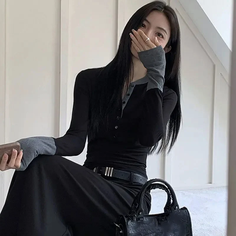 تي شيرت المرأة الخريف موضة جديدة كم طويل سليم تمتد زر المرقعة خمر Y2k بلايز السيدات عادية تي شيرت