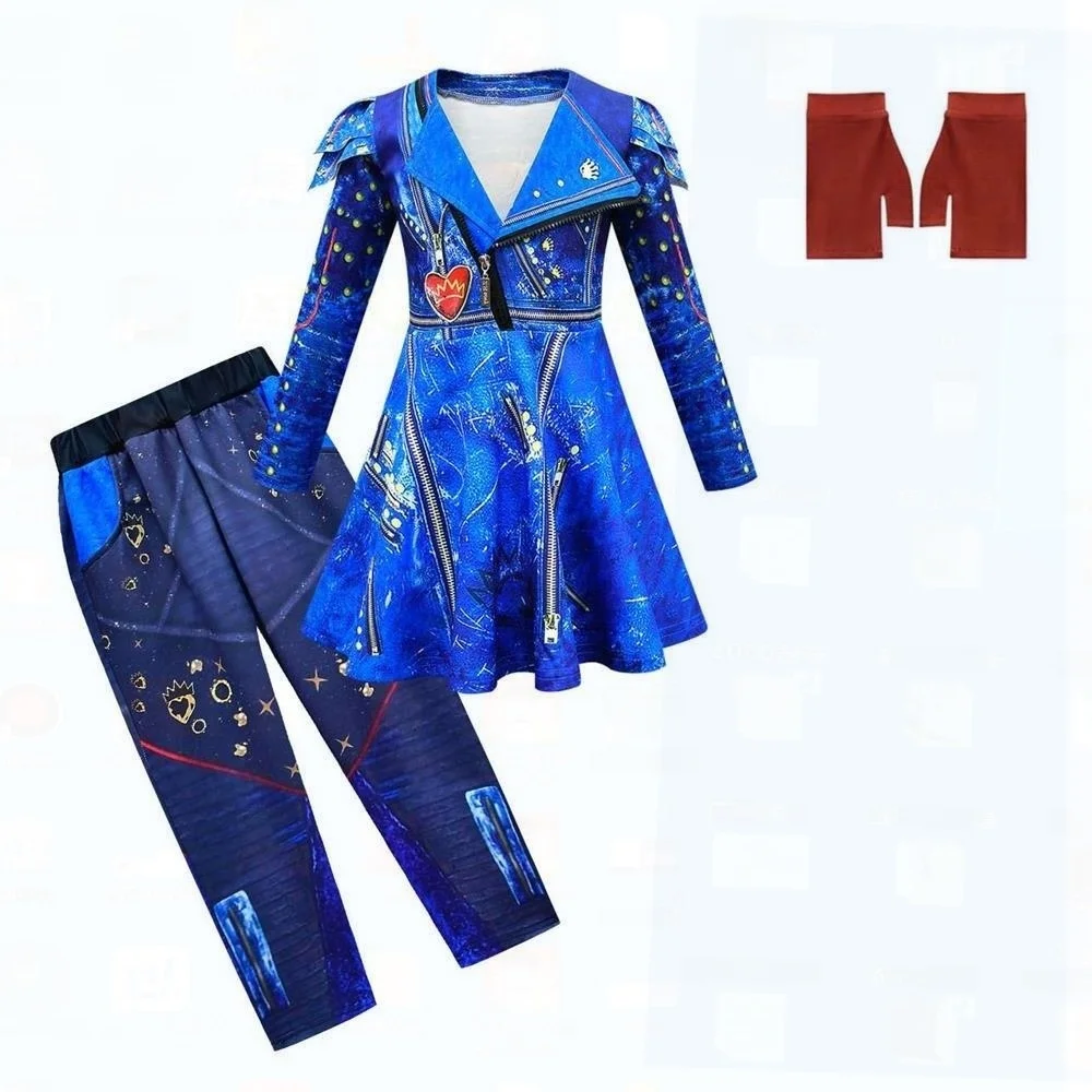Halloween Descendants Cosplay-Kostüm-Set mit Perücke für Kinder, vierteiliger Anzug, chinesischer Hersteller 2024, Herbstveröffentlichung