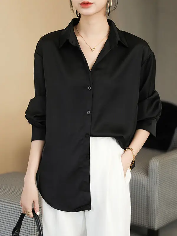 

Women's Black Silk Chiffon Satin Long Sleeve Shirt Cold Wind Draping Style Commute Fashion Waist-Cinching Polyester Fiber