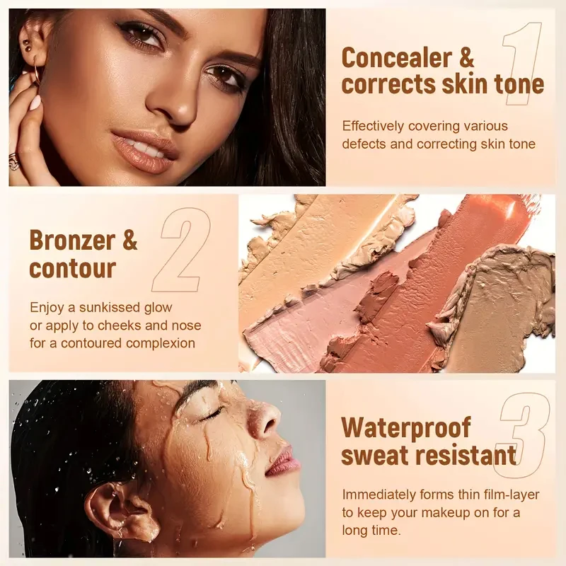 3 in 1 palette, contour concealer, long lasting, covers skin imperfections, creates a perfect and natural 3D makeup look