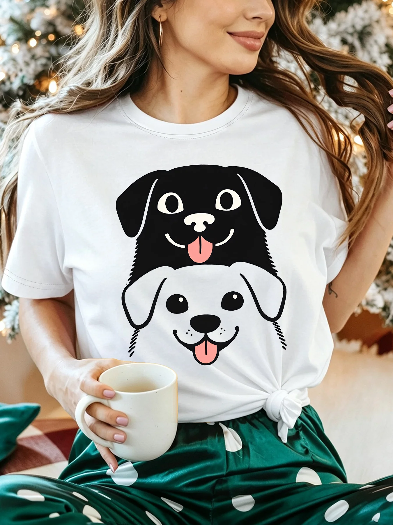 Women Crew Neck Tee Lovely Stacked Cartoon Dogs Smiling Face Graphic Print Short Sleeve Loose Ladies Cotton Plus Size Casual Top