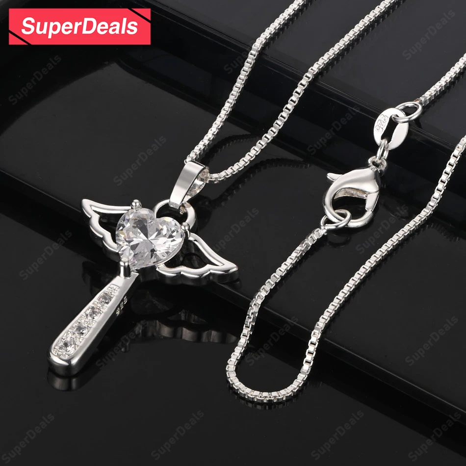 

SuperDeals 925 Sterling Silver Heart Zircon Angel Wings Pendant Necklace Women Birthday Party Classic Luxury Jewelry 16-30 Inch