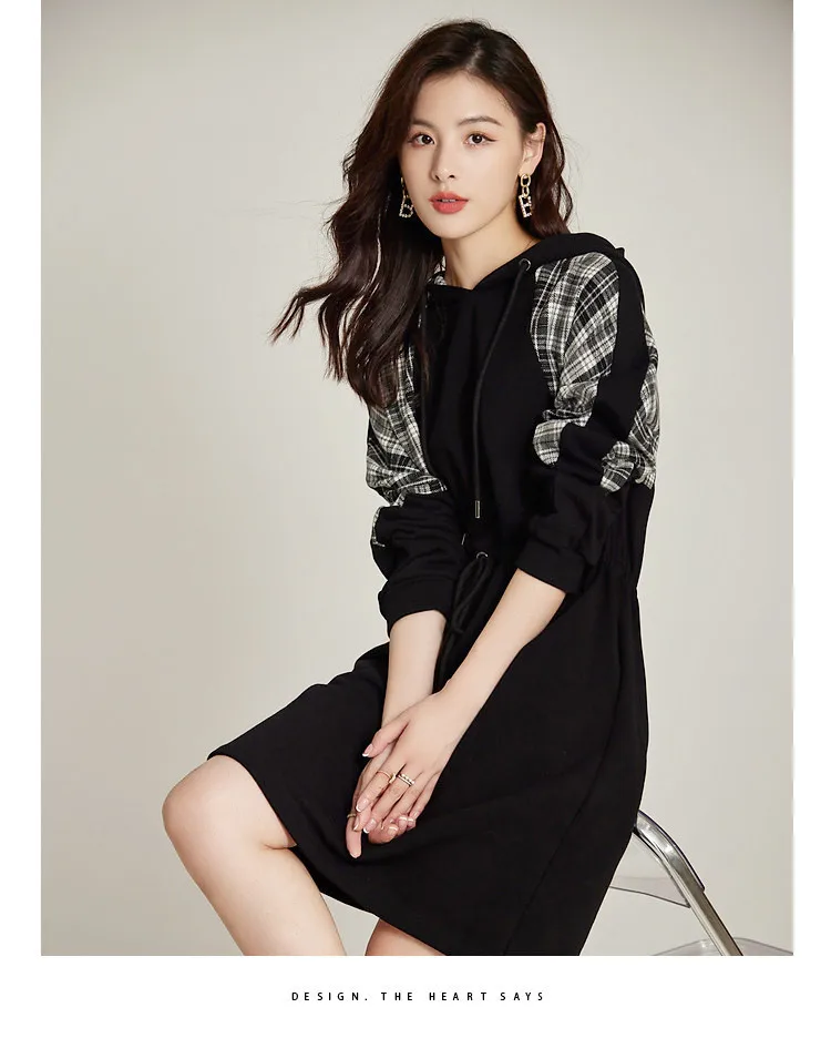 Mid-length Hooded Sweater Dress for Women Long Sleeve Waist Pulling Versatile Casual Fashion New Spring and Autumn 2024