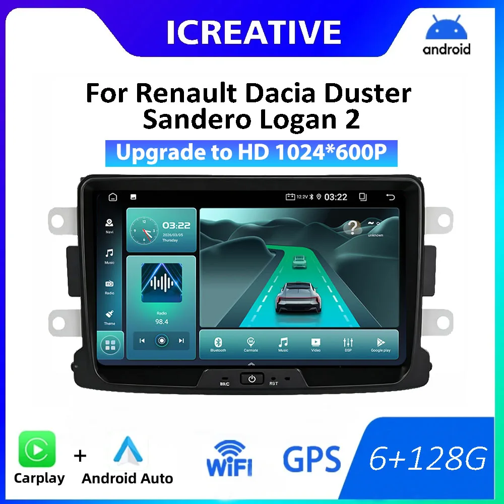 Android 15 Radio For Dacia Logan Dokker Duster Sandero Lodgy 2012-2017 Renault Captur Symbol Carplay GPS 2 Din Multimedia Stereo