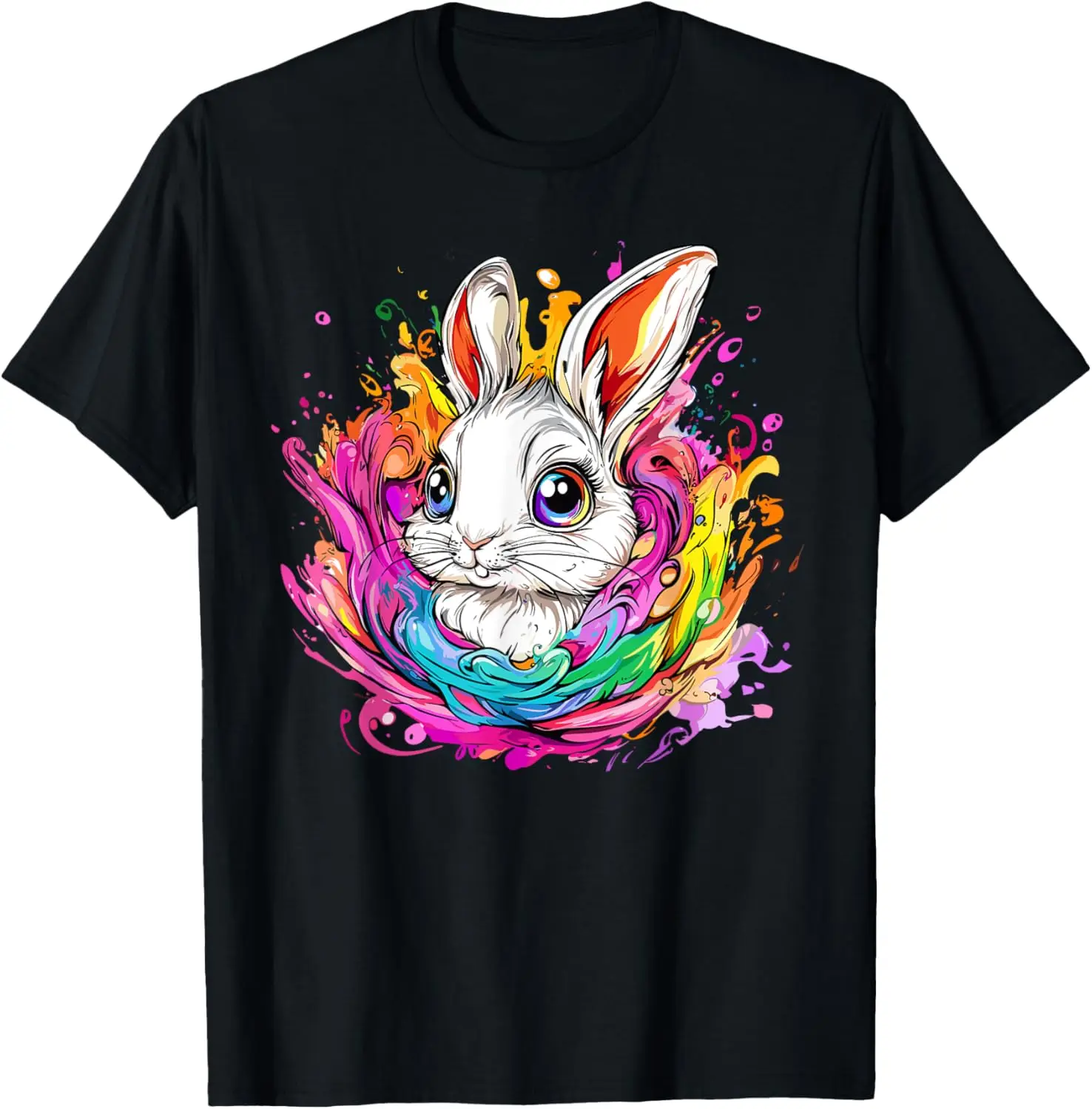 

Adorable White Rabbit Rainbow Splash Graphic Tee Breathable Short Sleeve Daily T-Shirt